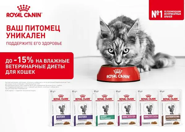 Скидка до 15% на влажные рационы Royal Canin